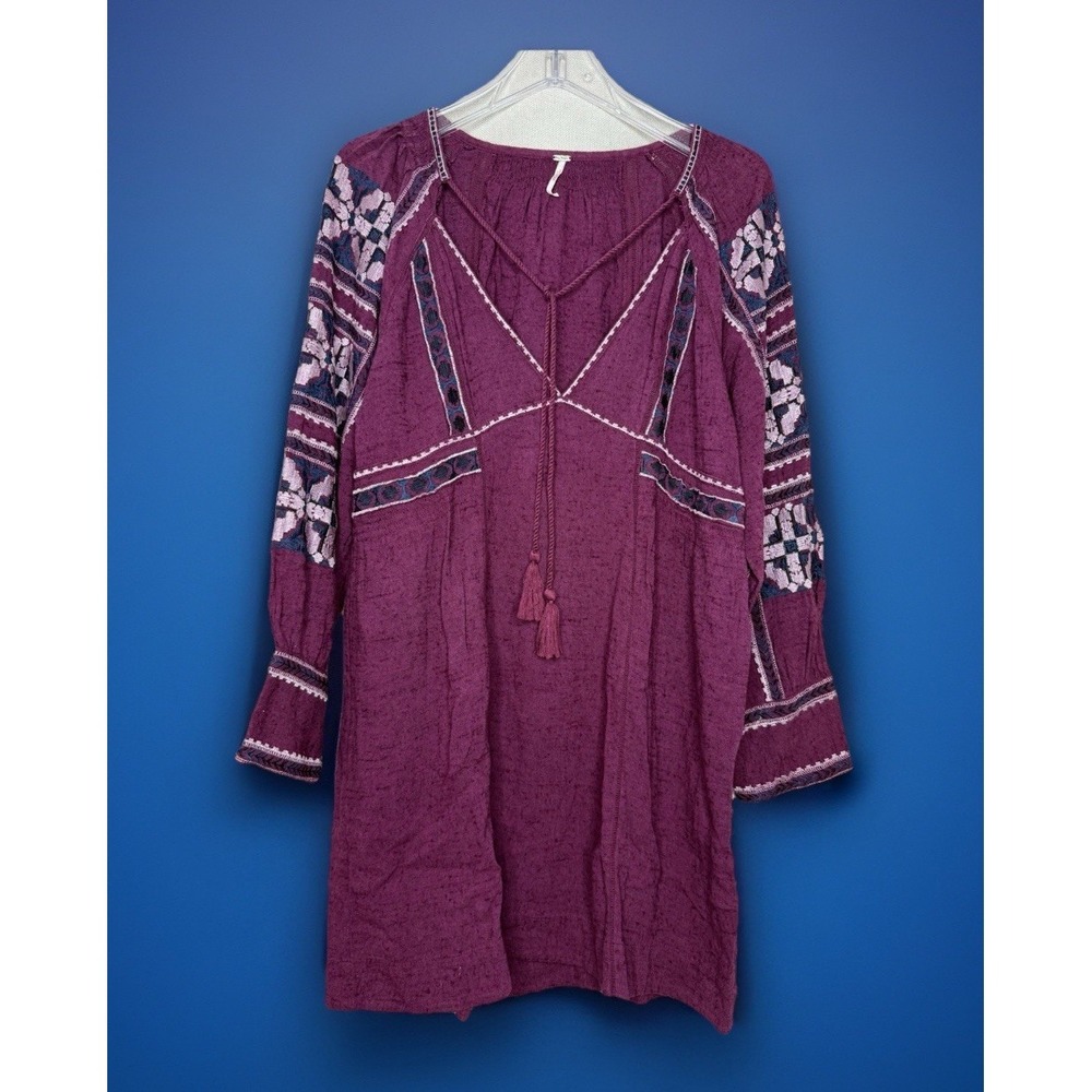Free People Dress Womens Extra Small Purple Embroidered Boho Mini Tunic